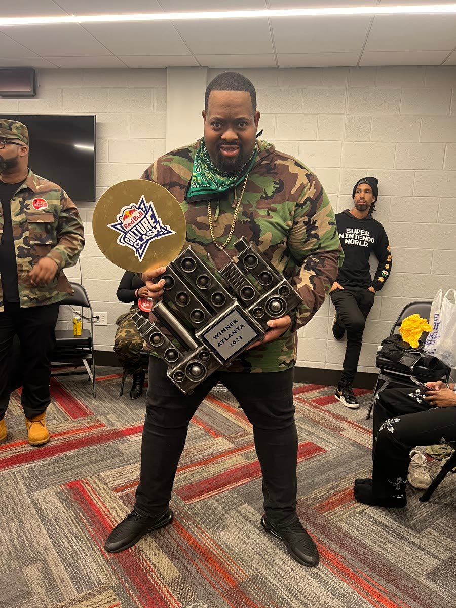 Prince Charm backstage with the Red Bull Culture Clash Atlanta 2023 winner trophy